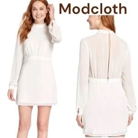 NWT ModCloth Ruffle Trim Long Sleeve Mini Dress in White Size 8 - Picture 8 of 8